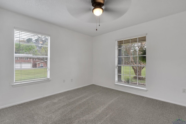 carpeted spare room featuring plenty of natural light and ceiling fan