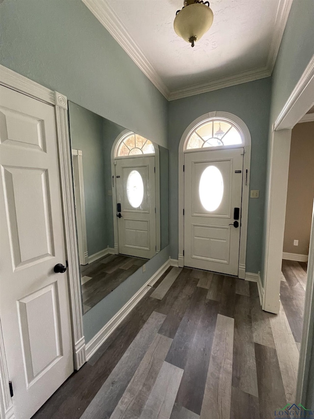 foyer with plenty of natural light, dark hardwood / wood-style floors, and ornamental molding