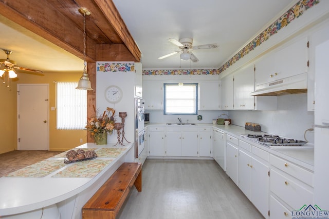 kitchen with white cabinets, ceiling fan, and a healthy amount of sunlight