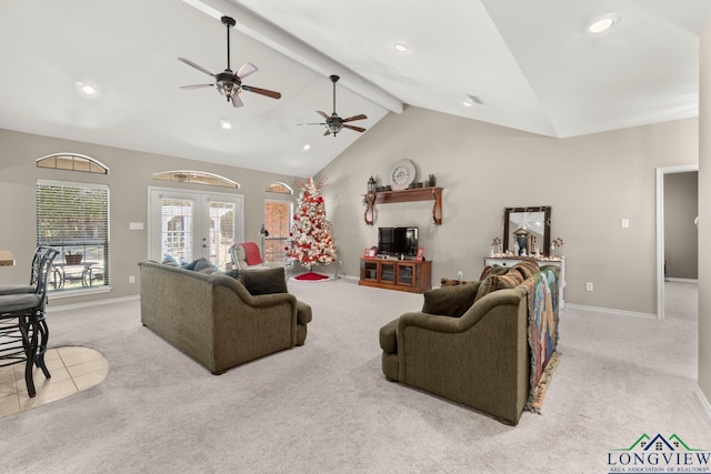 carpeted living room featuring french doors, lofted ceiling with beams, and ceiling fan