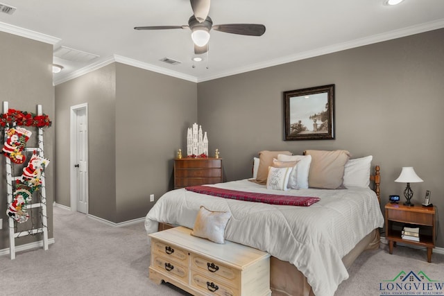 bedroom featuring ceiling fan, ornamental molding, and light carpet