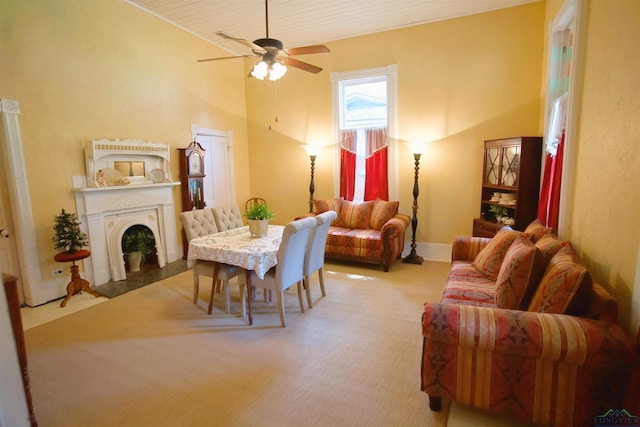 800 E Austin St, Marshall, TX 75670 - carpeted living room featuring ceiling fan and a fireplace