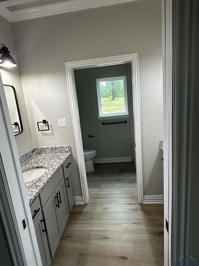 bathroom featuring crown molding, vanity, toilet, and hardwood / wood-style floors