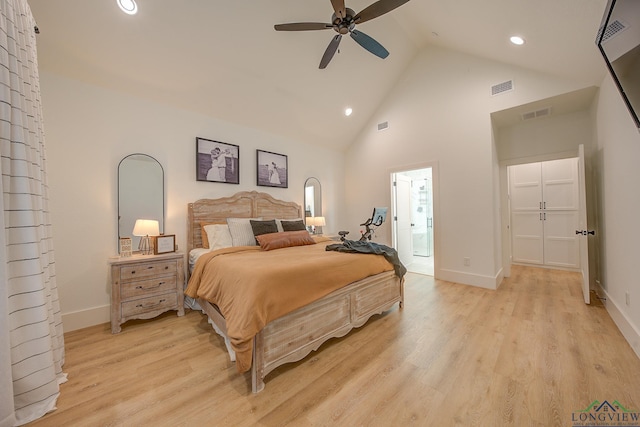 bedroom featuring ceiling fan, high vaulted ceiling, and light hardwood / wood-style floors