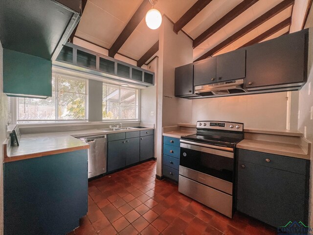 kitchen with beam ceiling, sink, high vaulted ceiling, range hood, and appliances with stainless steel finishes