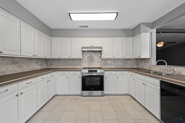 kitchen featuring stainless steel range with electric stovetop, white cabinetry, ceiling fan, dishwasher, and sink