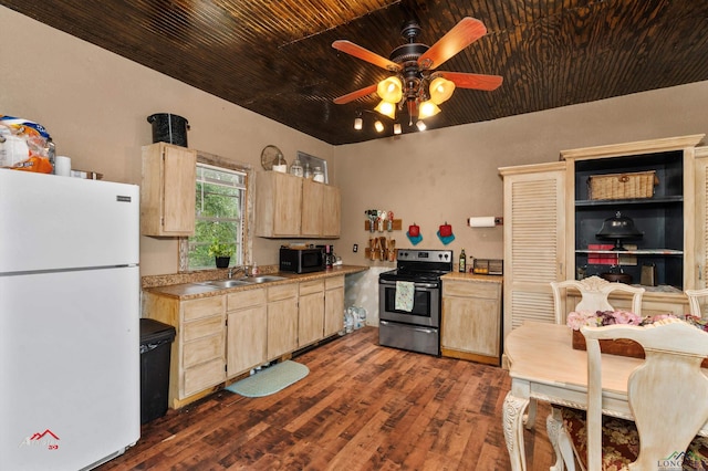 kitchen featuring wood ceiling, light brown cabinets, white refrigerator, dark hardwood / wood-style flooring, and stainless steel range with electric stovetop