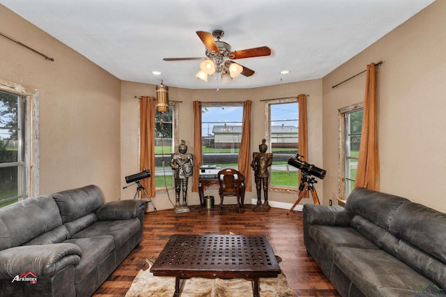 living room with ceiling fan and dark hardwood / wood-style flooring