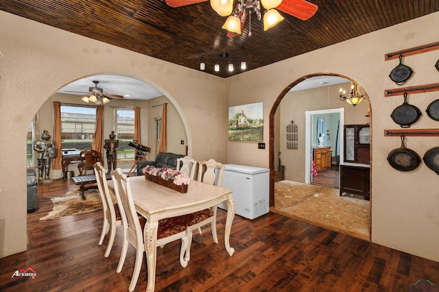 dining area featuring ceiling fan, wooden ceiling, and dark hardwood / wood-style floors