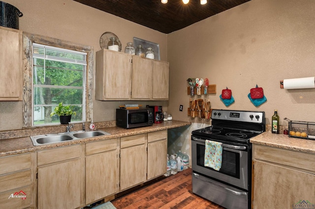 kitchen with dark wood-type flooring, light brown cabinets, sink, wooden ceiling, and stainless steel electric range