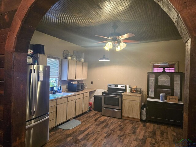 kitchen with dark wood-type flooring, light brown cabinets, sink, wooden ceiling, and stainless steel electric range