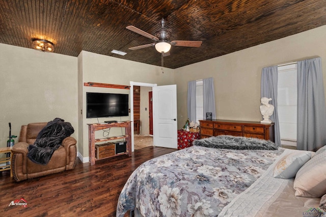 bedroom with wooden ceiling, dark wood-type flooring, and ceiling fan