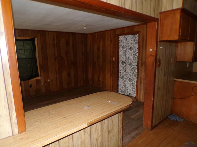 kitchen with wooden walls and wood-type flooring