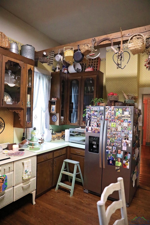 kitchen featuring a chandelier, stainless steel fridge, and dark hardwood / wood-style flooring