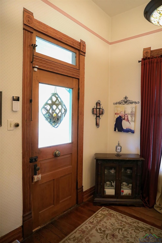 entrance foyer with dark hardwood / wood-style flooring and a healthy amount of sunlight