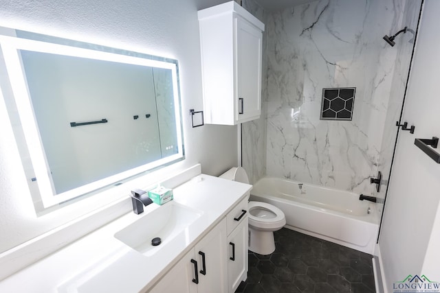 full bathroom with toilet, vanity, tile patterned floors, and  shower combination