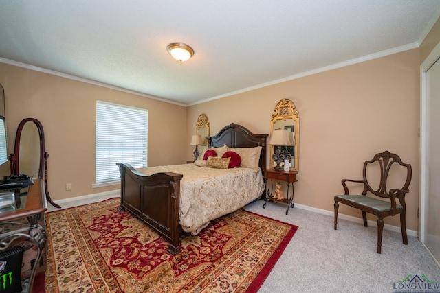 carpeted bedroom featuring crown molding