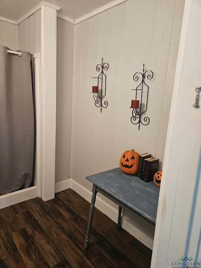 mudroom featuring dark hardwood / wood-style flooring and ornamental molding