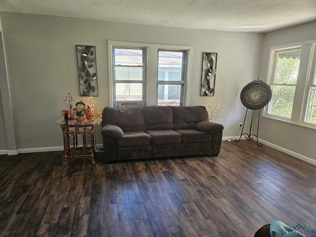 living room with a textured ceiling, a healthy amount of sunlight, and dark wood-type flooring