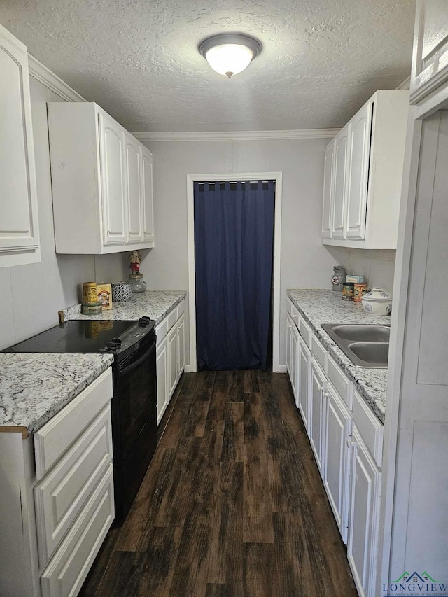 kitchen featuring black range with electric stovetop, crown molding, and white cabinets