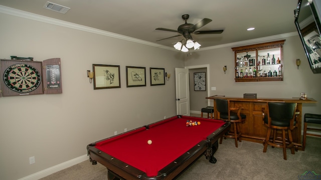 rec room featuring ceiling fan, ornamental molding, carpet floors, indoor bar, and pool table