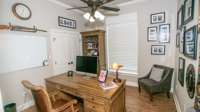 home office featuring crown molding, ceiling fan, and light hardwood / wood-style floors