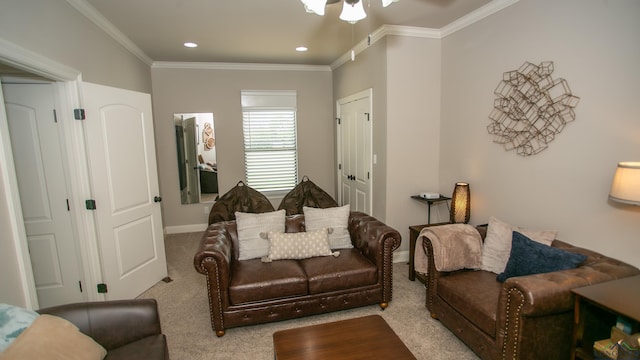 carpeted living room with crown molding and ceiling fan