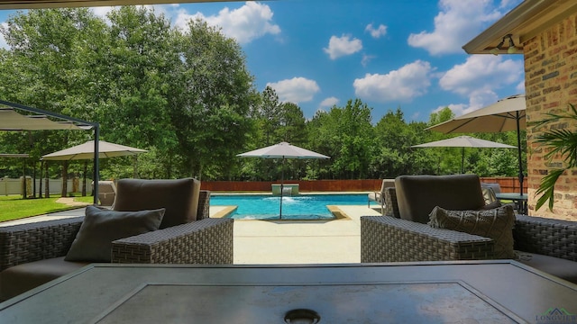 view of swimming pool featuring pool water feature