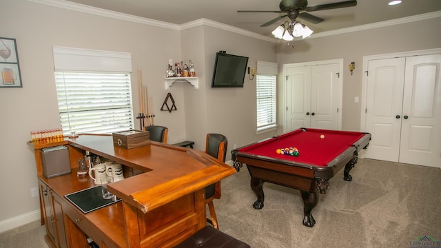 game room with ceiling fan, crown molding, light carpet, and billiards