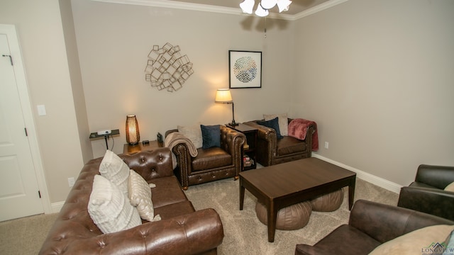 living room featuring light colored carpet and crown molding