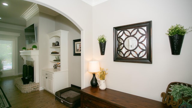 hall with dark hardwood / wood-style floors, ornamental molding, and built in shelves