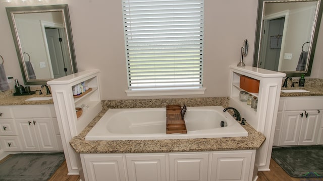 bathroom with a bathtub, vanity, and hardwood / wood-style flooring