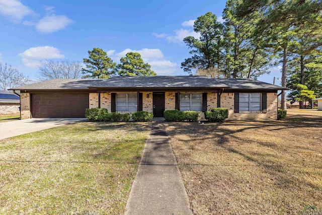 view of front of property with an attached garage, brick siding, a shingled roof, driveway, and a front lawn