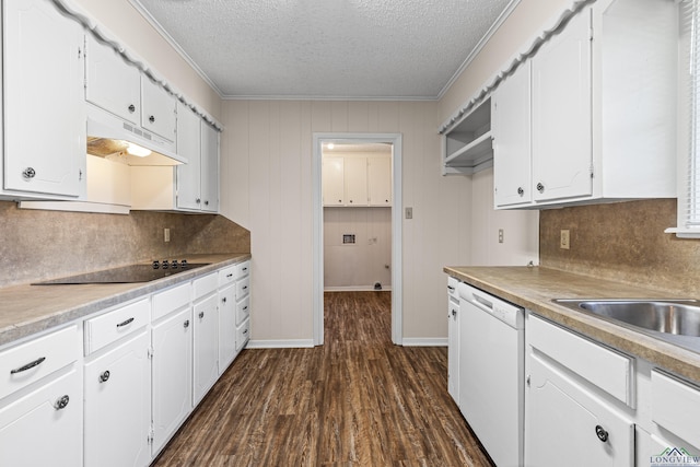 kitchen featuring white cabinets, dark wood-style floors, white dishwasher, black electric cooktop, and under cabinet range hood