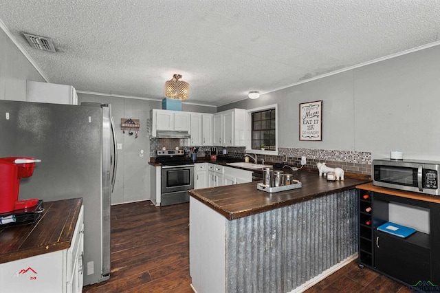 kitchen featuring white cabinets, sink, dark hardwood / wood-style floors, appliances with stainless steel finishes, and kitchen peninsula