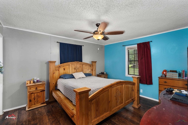 bedroom with ornamental molding, a textured ceiling, ceiling fan, and dark wood-type flooring