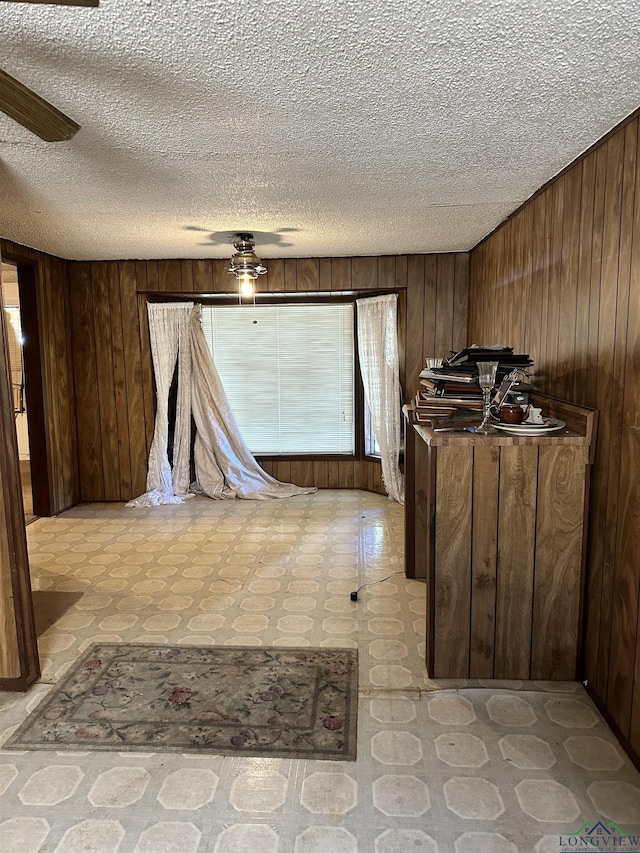 interior space featuring dark brown cabinetry, ceiling fan, and wood walls