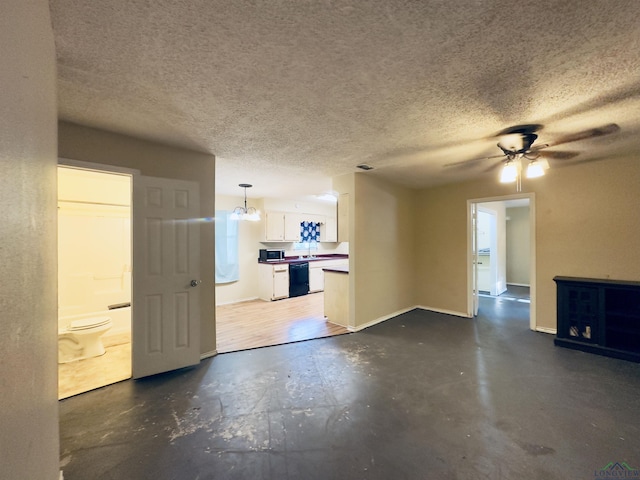 unfurnished living room featuring a textured ceiling and ceiling fan with notable chandelier