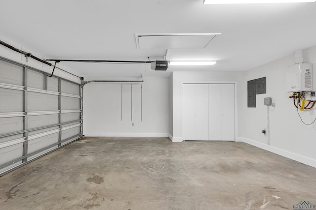 garage with electric panel and a garage door opener