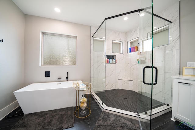 bathroom featuring tile patterned floors and plus walk in shower