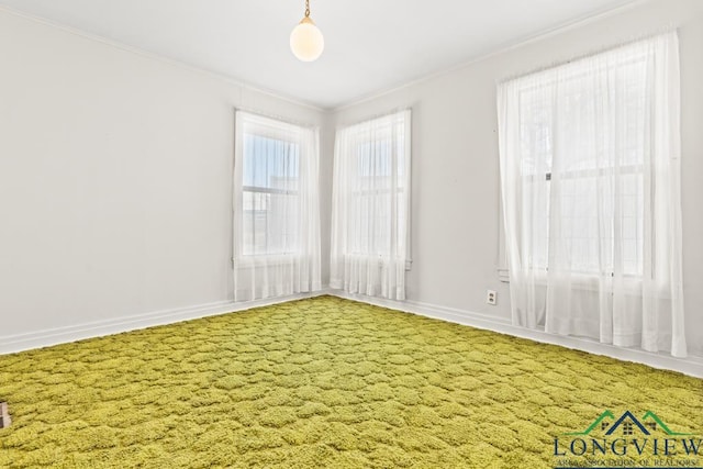 unfurnished bedroom featuring crown molding, baseboards, and carpet floors