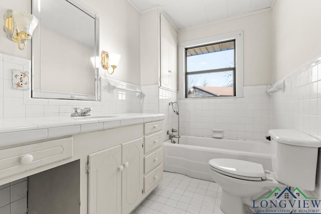 full bathroom with a bathing tub, toilet, tile walls, and tile patterned flooring