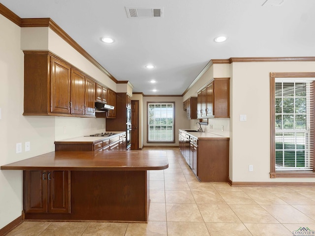 kitchen featuring kitchen peninsula, crown molding, sink, and stainless steel gas cooktop