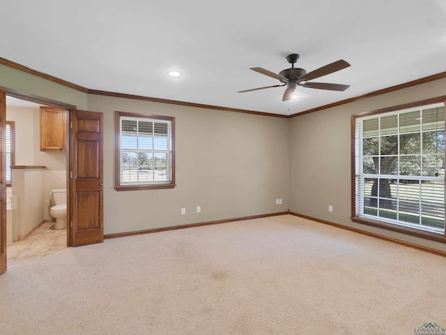 spare room featuring light carpet, ceiling fan, and ornamental molding