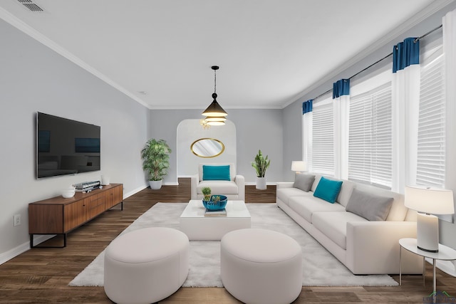 living room with crown molding, wood-type flooring, and a wealth of natural light