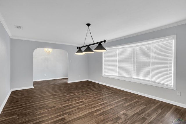 unfurnished room with ornamental molding and dark hardwood / wood-style floors