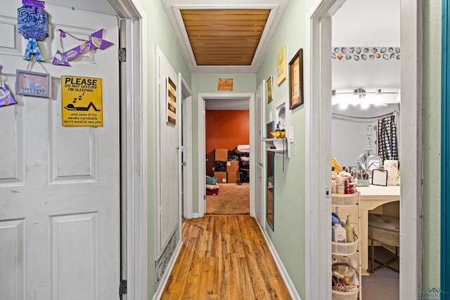 hallway with wooden ceiling and wood-type flooring