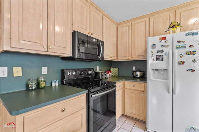 kitchen with light brown cabinetry, light tile patterned floors, white fridge with ice dispenser, and black range with electric cooktop
