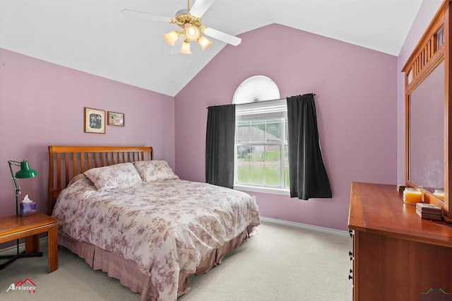 bedroom with baseboards, ceiling fan, lofted ceiling, and light colored carpet