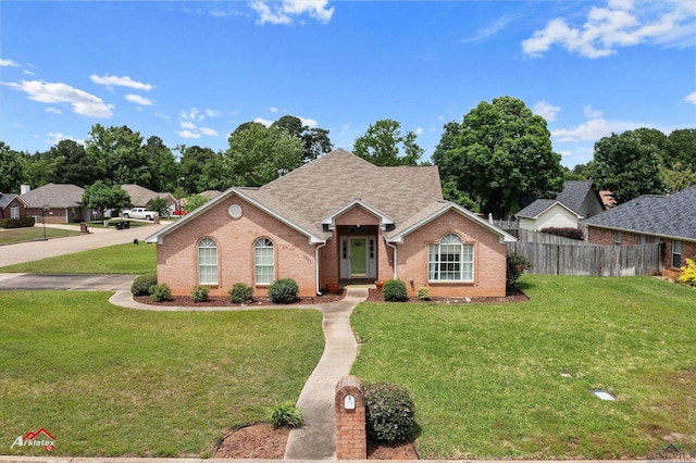 ranch-style house with brick siding, a shingled roof, a front lawn, and fence